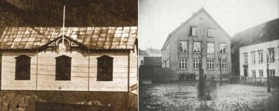 Turnhallen t.v. og almenskolen. Bilder fra jubileumsbøkene til Arendals Turnforening og Arendal gymnas. - Klikk for stort bilde