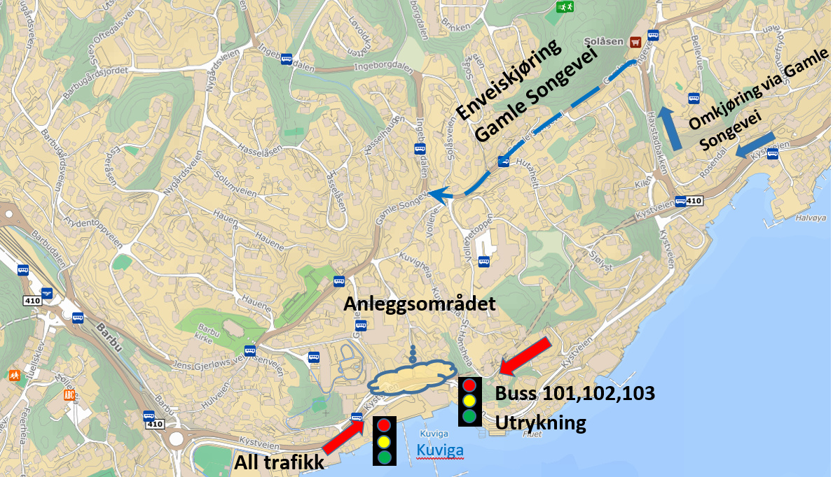 Kartet viser trafikkmønster i forbindelse med vann- og avløpsarbeid i Kuviga.  - Klikk for stort bilde
