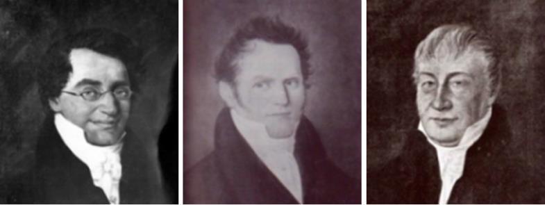 Tre sentrale menn bak den første 17.mai-feiringen i 1825. Fra venstre Conrad Nicolai Schwach (1793-1860), Morten Smith Dedekam (1793-1861 og senere ordfører i Arendal) og dr Alexander Christian Møller (1760-1847). - Klikk for stort bilde