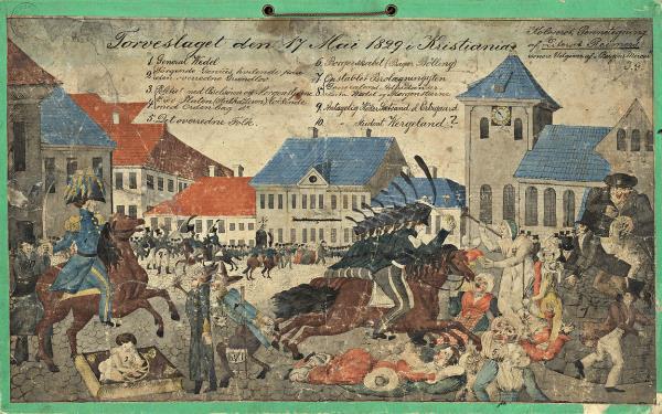 Torvslaget i 1829 – kolorert pennetegning av Hans E. Reimers (fra Wikipedia) - Klikk for stort bilde