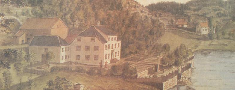 Alexander C. Møllers landsted slik det så ut på hans tid. Tegnet av Jonas Nicolai Prahm (1816-1878). - Klikk for stort bilde