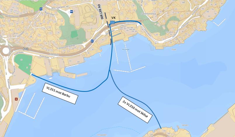 Kart som viser vannledninger fra Kuviga til Barbu og Skilsø.  - Klikk for stort bilde