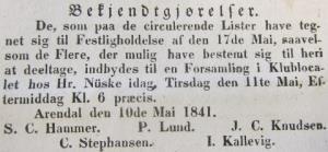Annonse i Den vestlandske Tidende 11.05.1841. - Klikk for stort bilde