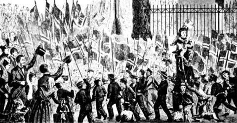 Det første offisielle barnetoget i Christiania i 1870. Illustrasjon i Norsk Folkeblad, som var Bjørnstjerne Bjørnsons blad. - Klikk for stort bilde